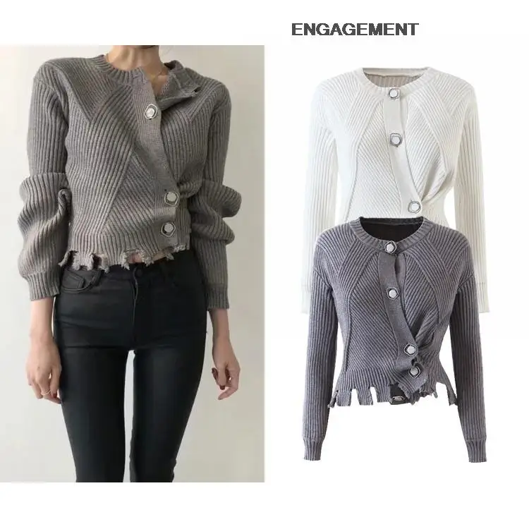 

ENGAGEMENT za 2021 female Personalized solid color sweater coat autumn winter women fashion two-wear oblique button cardigan