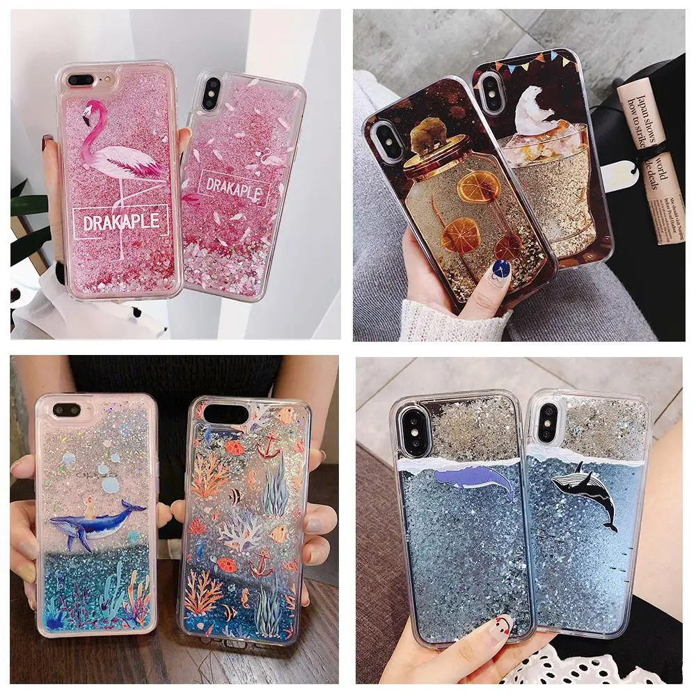 Воды Жидкий чехол для iPhone 12 11 Pro XS Max XR 7 8 6 6s Plus Кита цветочный Flamigo с подвижными