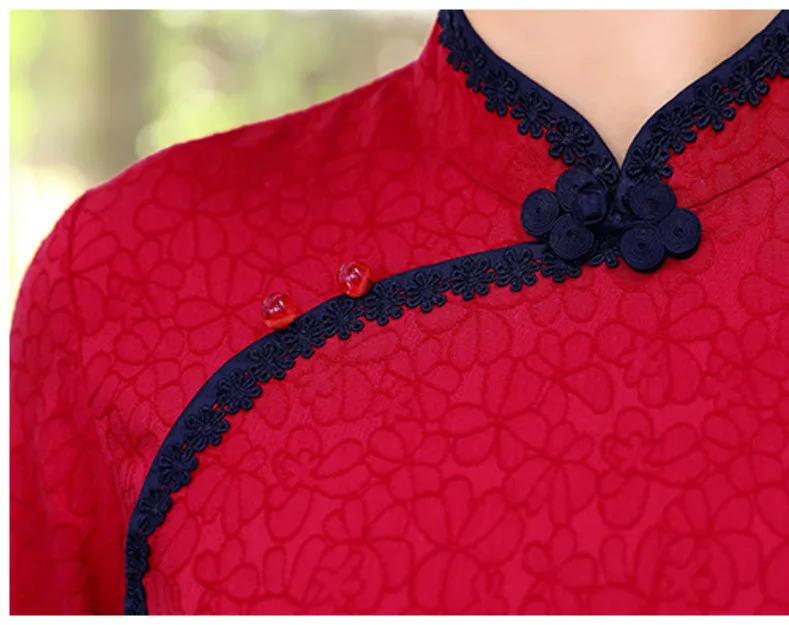 Женская кружевная блузка Ципао красная рубашка восточные топы приталенная
