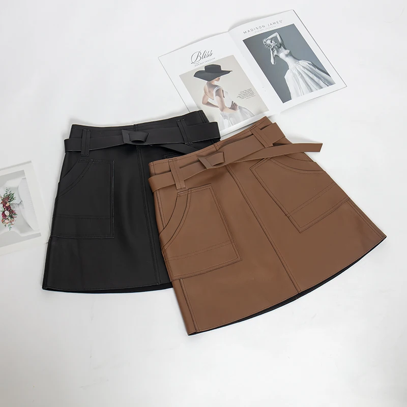 Женская мини юбка из натуральной кожи трапециевидная с высокой талией черного