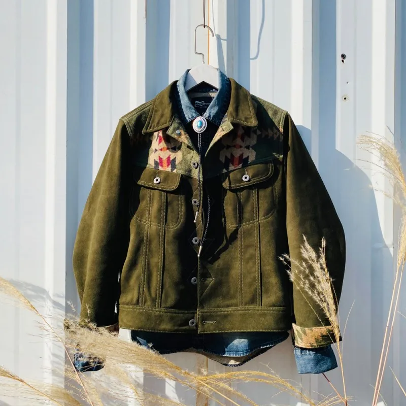 

Biker Men Vintage Cow Suede Coat High Quality Patchwork Cargo Jacket Autumn Winter New Single Breasted Retro Green Outerwear