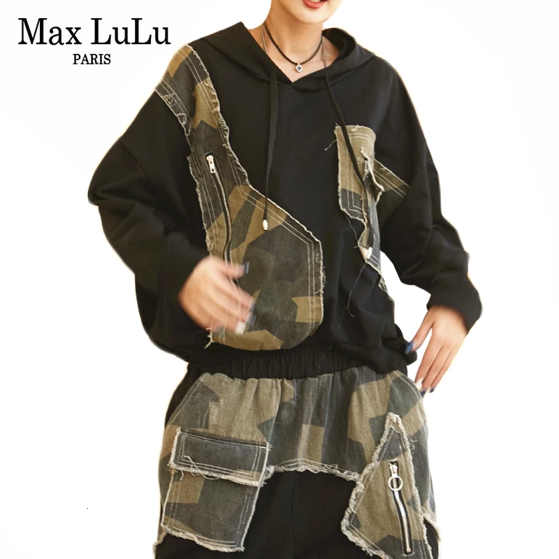 Max LuLu весенние модные корейские женские панковские комплекты из двух предметов, женские камуфляжные Топы с капюшоном и штаны, Повседневные Вечерние наряды