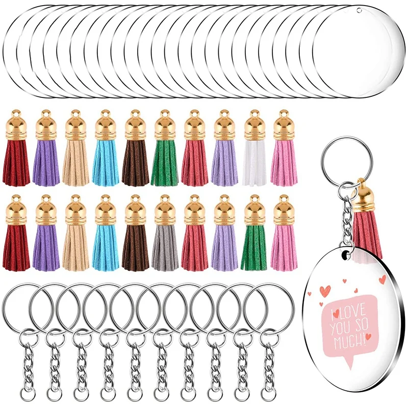 

Kili 90 Pieces Acrylic Keychain Making Kit Clear Acrylic Keychain Blanks and Colorful Tassel Pendants for DIY Projects