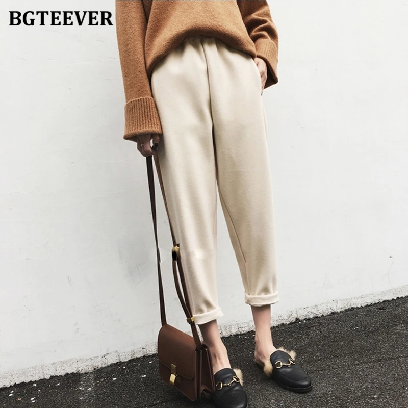 

BGTEEVER Plus Size Autumn Winter Thick Women Suit Pants Elastic Waist Female Woolen Harem Pants 2020 New pantalon femme