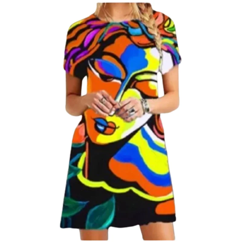 

3D Abstract Human Face Women Dress Summer Short Sleeve O-Neck Mini Dresses Casual Loose Ladies Dress 2021 Vestidos Plus Size 4XL