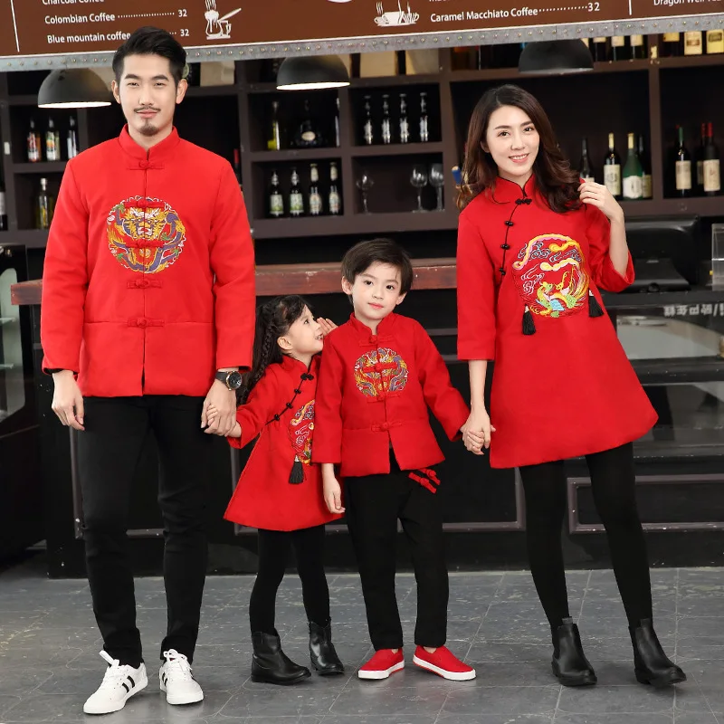 Chineses Traditional Family Clothes Mother and Daughter Red Dress for New Year Embroidery Coat for Dad Boys Sets for Winter New