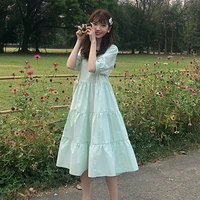 2021 summer new korean dress female summer round neck sleeves gentle wind waist thin solid color mid length large swing skir