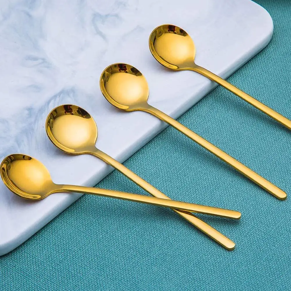 

1Pc Golden Retro Style Steel Ice Spoon Bar Coffee Stirring Round Kitchen Sugar Head Dessert Teaspoons Spoon Soup V6T1