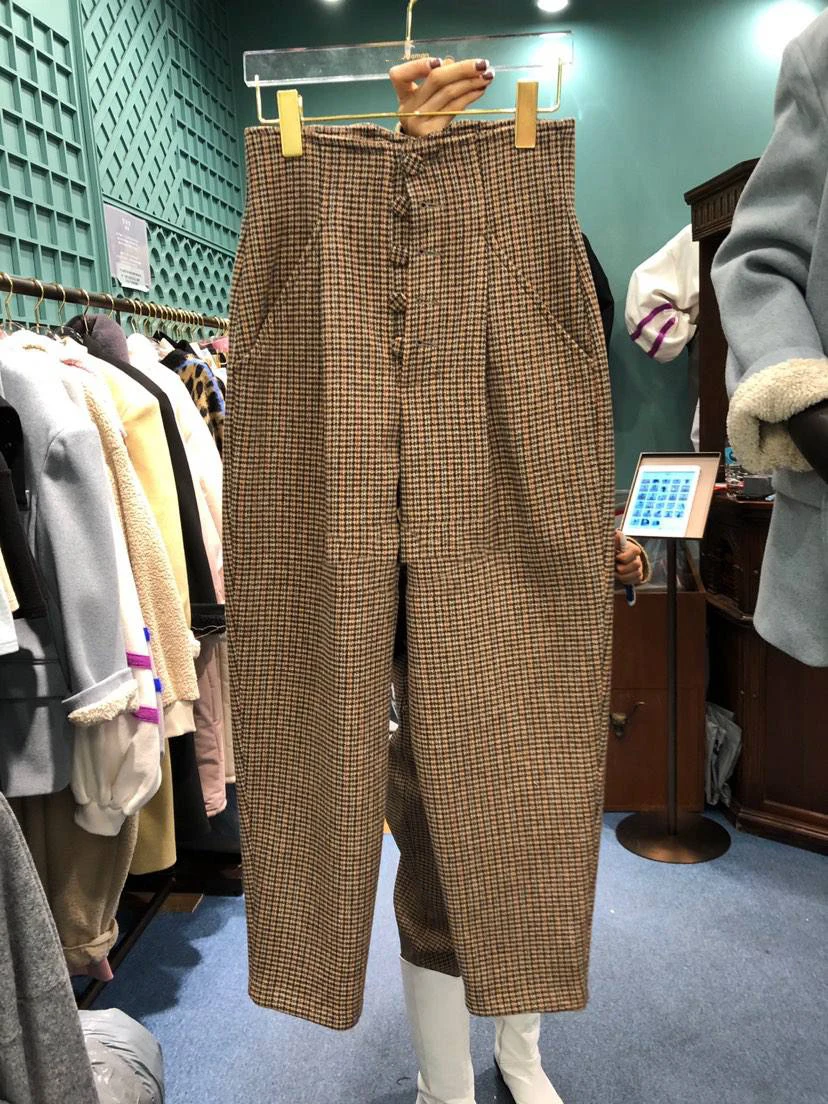

Han Guodong Door Fall Women's Temperament of The New Grid To Restore Ancient Ways of Tall Waist Single-breasted Slacks Female Ti