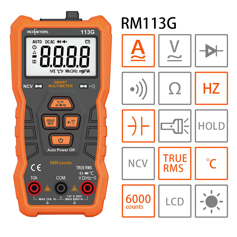 

RICHMETERS RM113D NCV Digital Multimeter 6000 Counts Auto Ranging AC/DC Voltage Meter Flash Back Light Large Screen 113A/D New