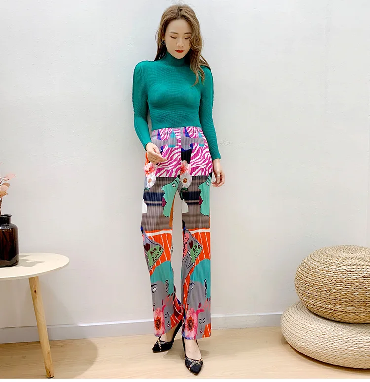 HOT SELLING Miyake Fashion fold print straight pants  IN STOCK