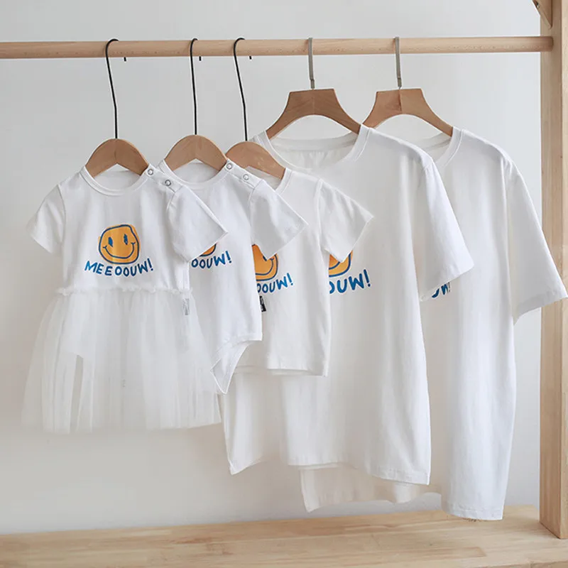 

Parent-child Family Clothes Smiley Face Summer New Short-Sleeved T-shirt Net Celebrity Anniversary Mother and Child Wearing