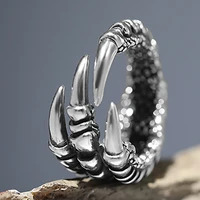 stainless steel vintage silver dragon claw adjustable opening ring tibetan silver eagle animal rings for men women punk jewelry