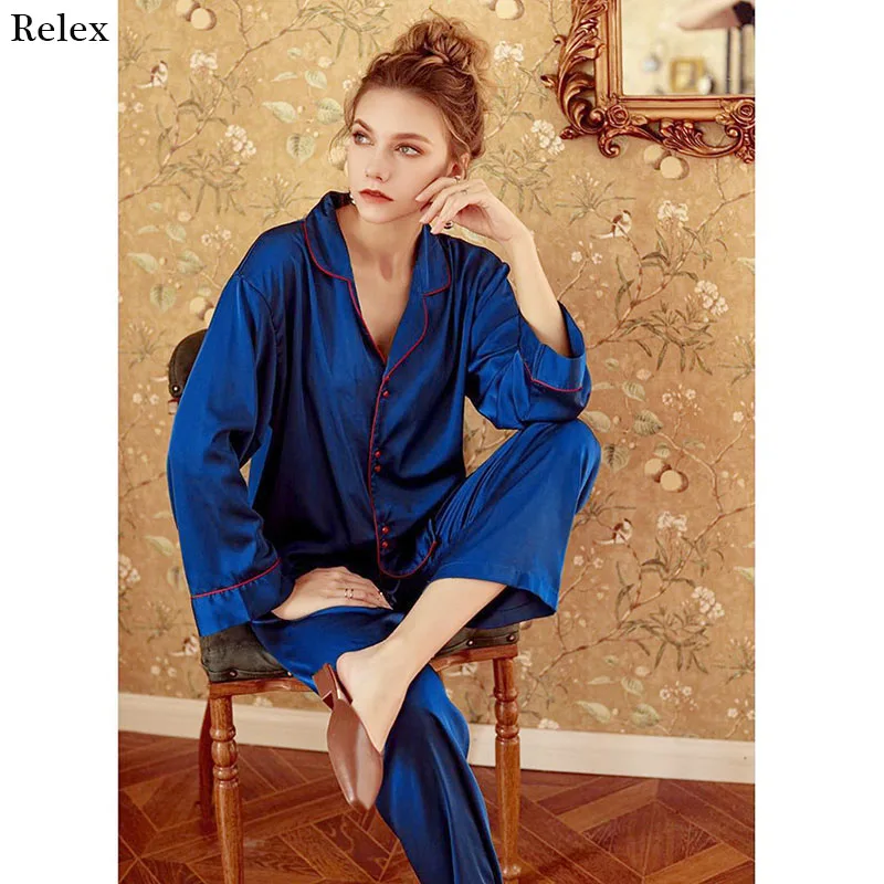 

French Blue Imitation Silk Long-Sleeved Trousers Suit Palace Elegant Noble And Comfortable Ladies Pajamas Home Service