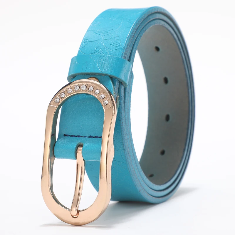 Fashion ladies belt leather ladies belt black jeans rhinestone embossed designer pin buckle belt blue ladies gift belt