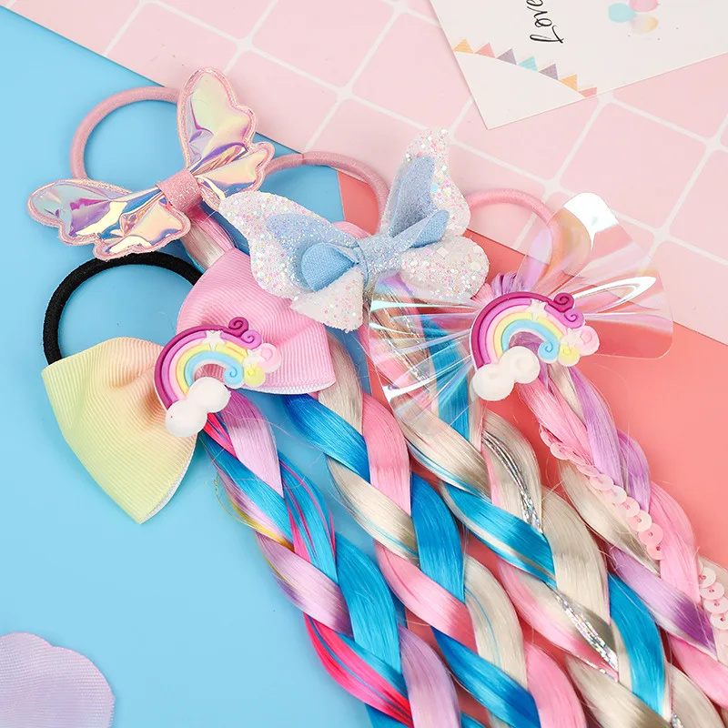 

NEW Colorful Wig Pigtail Elastic Hair Bands Girls Sequin Glitter Bowknot Scrunchies Ponytail Kids Hair Rope Headwear Accessories