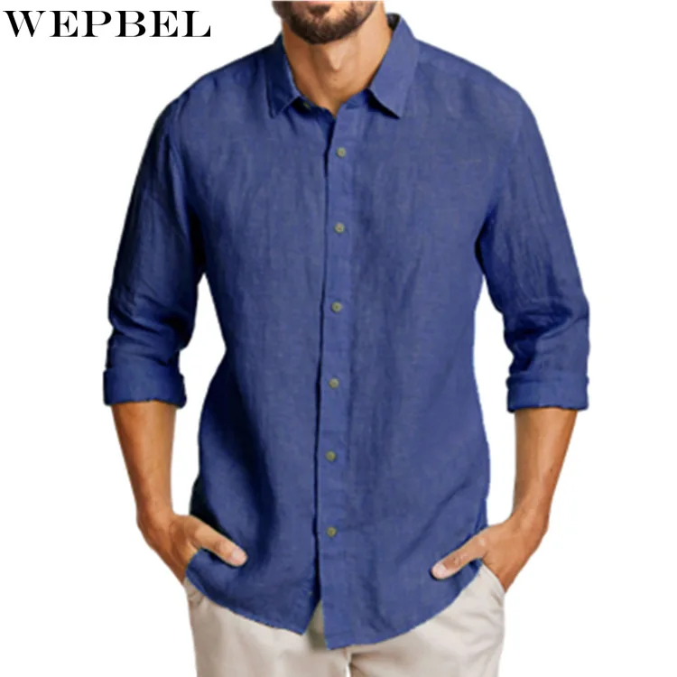 

WEPBEL Solid Color Shirt Summer Fashion Slim Single-Breasted Shirt Men's Casual Long Sleeve Turn-down Collar Cardigan Shirt