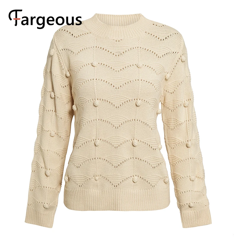 Fargeous Pompom Hollow Out Sweater 2019 Women Long Sleeve Autumn Winter Jumper Vintage Femme Pullover Sueter Mujer | Женская одежда