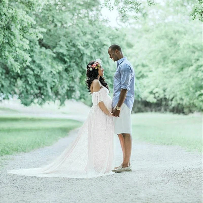 

Pregnant Woman Lace Dress Maternity Photography Floral Dresses Fly Sleeve Off Shoulder Tails Long Dress Women Pregnancy Souvenir