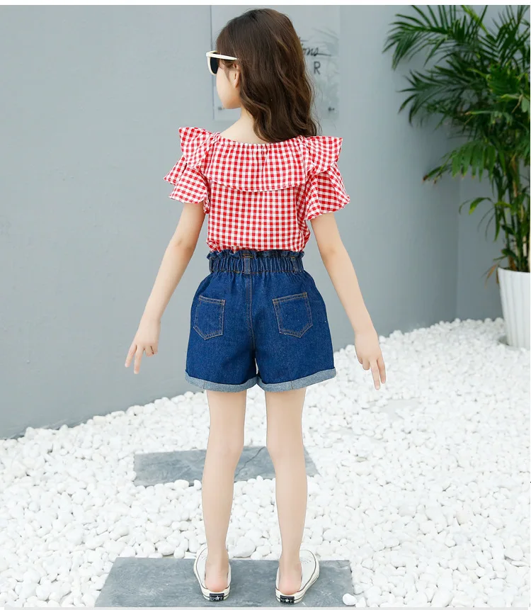 

New Fashion Summer Kids Girls' Suit Plaid Short Sleeve Top + Denim shorts