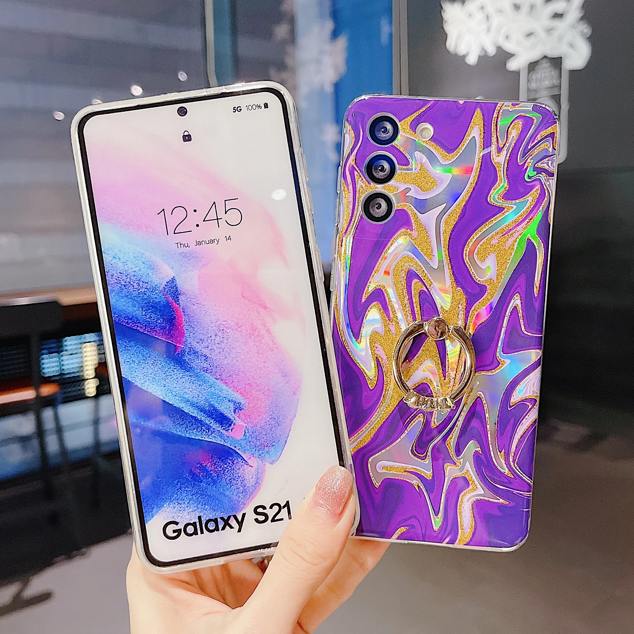 

Cool Fashion Colorful Laser Ring Bracket Soft Cases For Samsung Galaxy S21 FE Plus Ultra A72 A52 A42 A32 A22 A12 5G Thin Cover