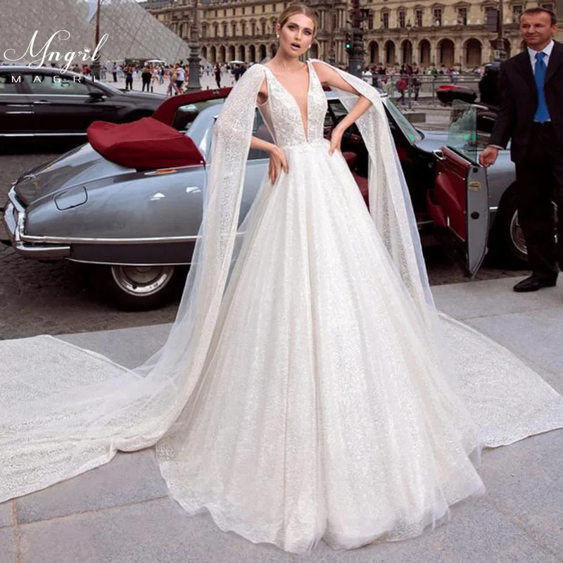 

MNGRL Luxury Retro V-neck Sleeveless Wedding Gown Sequins Backless Plus Size Tail Bridal Dresses Fluffy Skirt