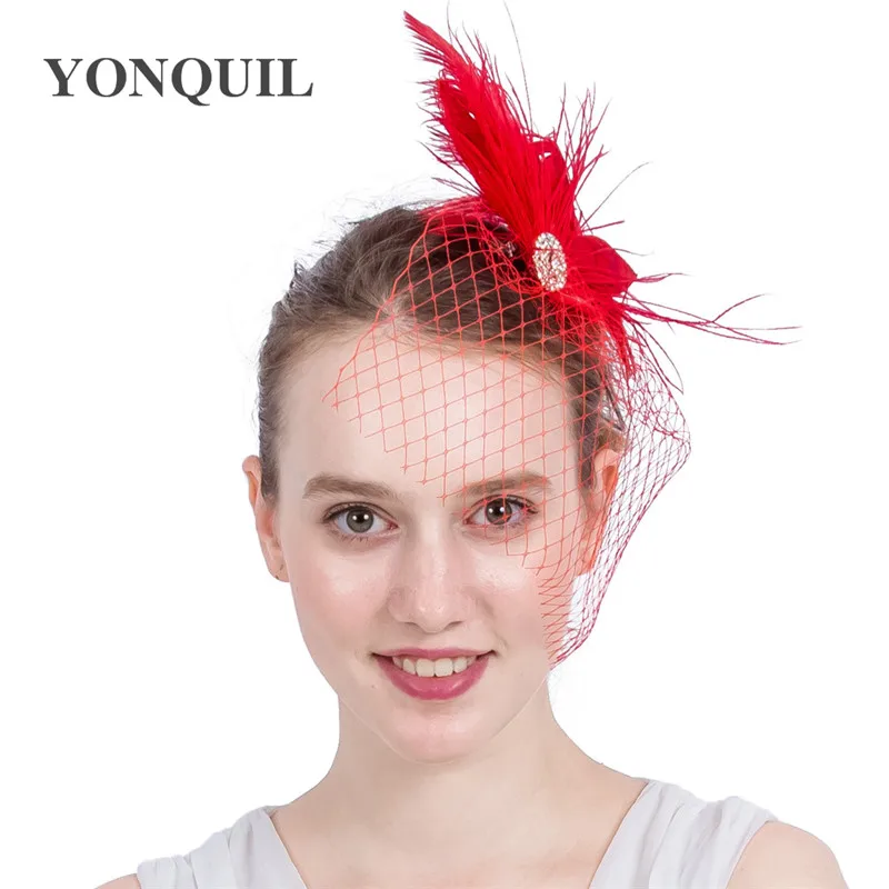 Модные Красные Свадебные шляпы с перьями вуалетки для невесты милые Стильные