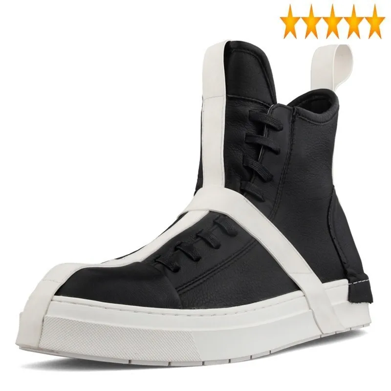 

Unisex Personality Panelled Street High Help Autumn New Genuine Leather Round Toe Zip Thick Bottom Mens Sneaker Boots