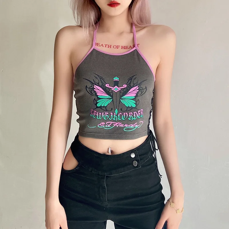 

Sexy Ladies Vest Solid Color Navel Butterflies Printed One-Piece Neck Halter Slim Tank Tops Casual Fashion 2021 New Summer