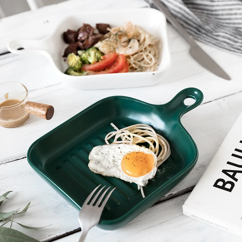 

Nordic Ceramic Plate Dinner Plate With Handle Under-Glazed Ceramic Dinner Dishes Dessert Tray Dinnerware for Oven Baking