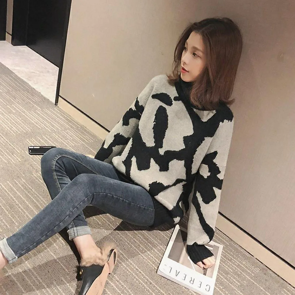 

2021 Winter New Korean Version Of High Neck Leopard Print Long-sleeved Knitted Pullover Sweater Womens Lazy Wind Loose Knit Top