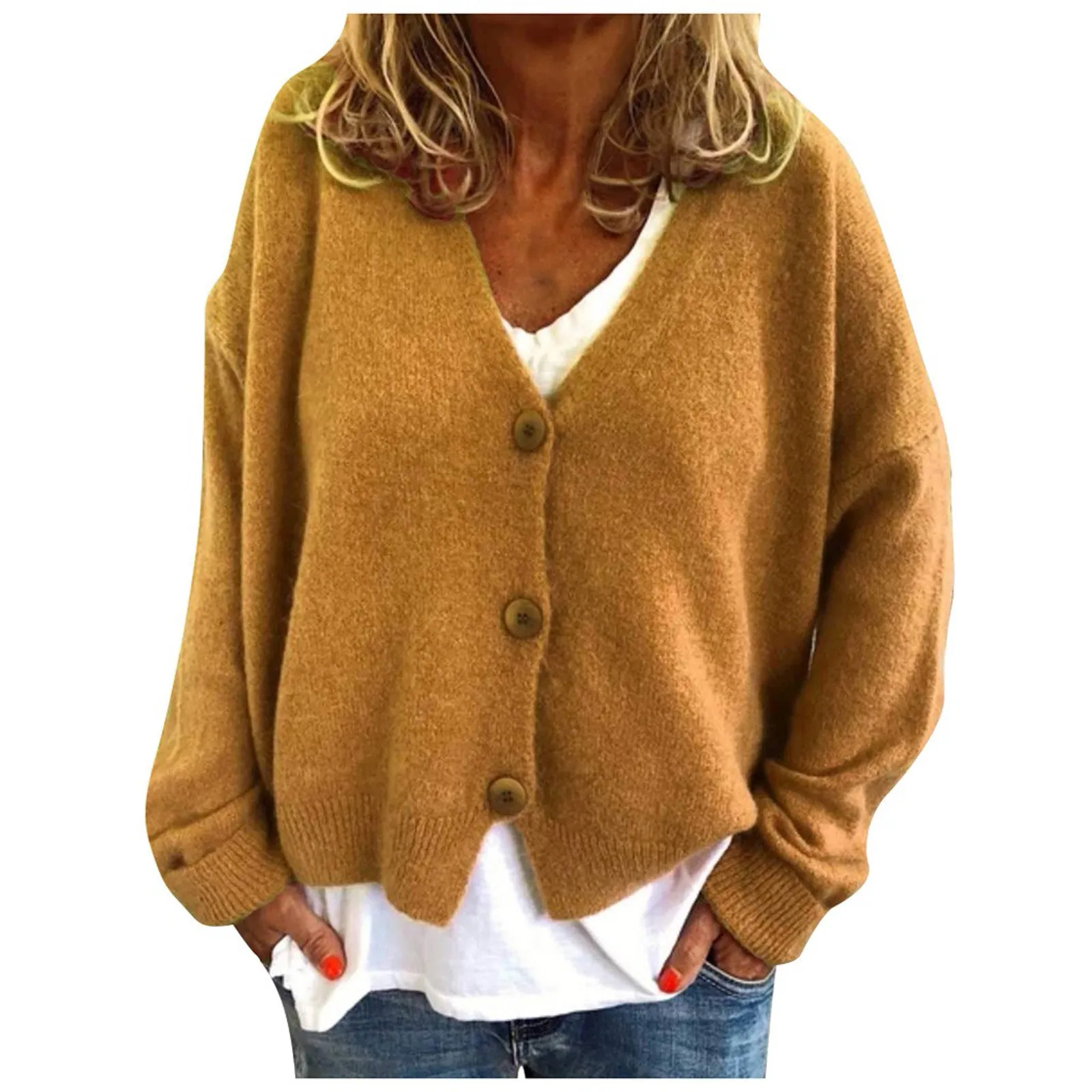 

2020 Fashion Women Solid V-neck Buttons Casual Stretchy Knitted Sweater Cardigan Coat Cardigans For Women