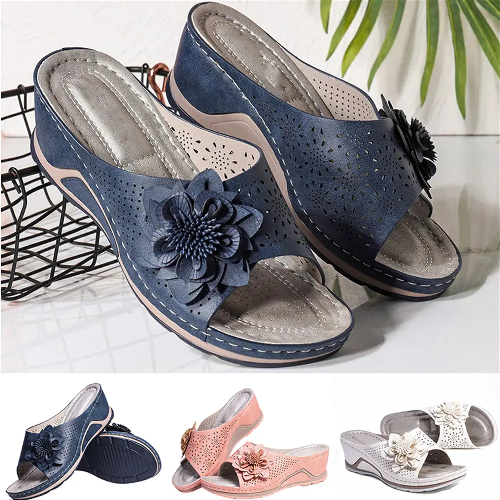 

Women Flower Decoration Hollow Out Slip On Casual Summer Sandals Anti-slip Soles Breathable Confortable Daily Shoes