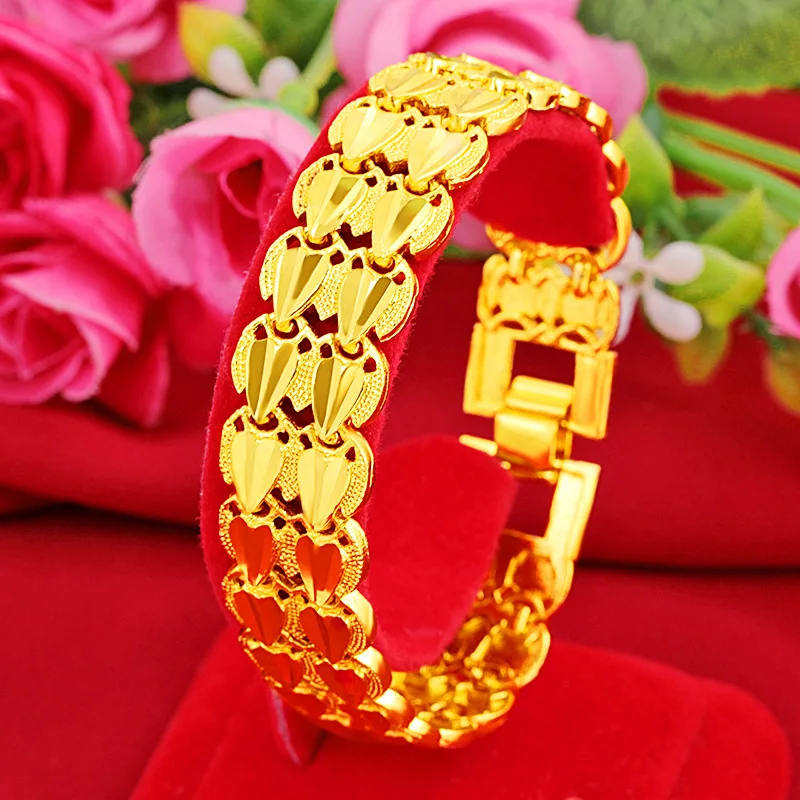 

2-row Heart Yellow Gold Filled Women Men Bracelet Solid Wrist Chain Link 8.3 inches Long