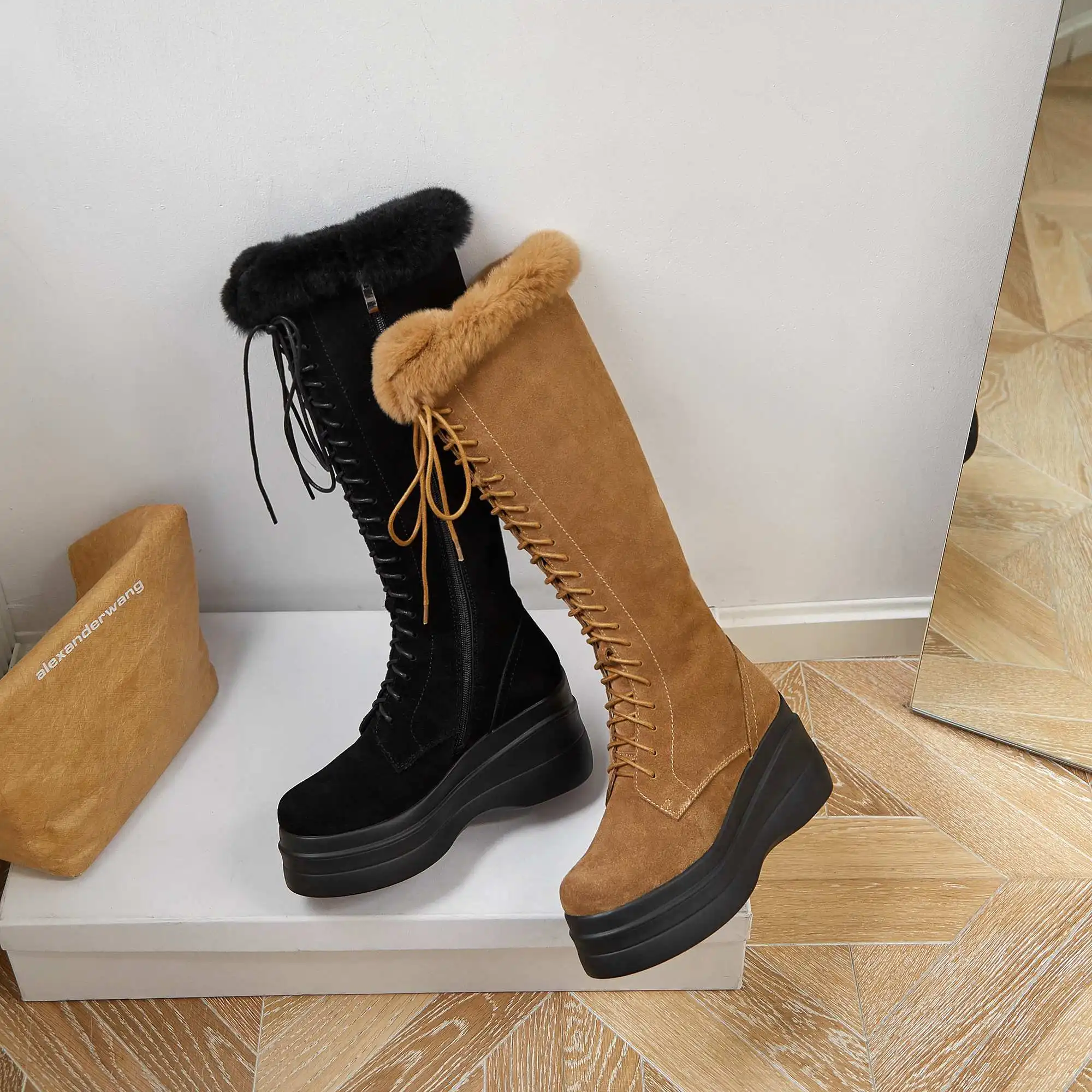 

Krazing Pot snow boots cow suede comfortable cross-tied wedges round toe super high heel zipper office lady knee-high boots L29