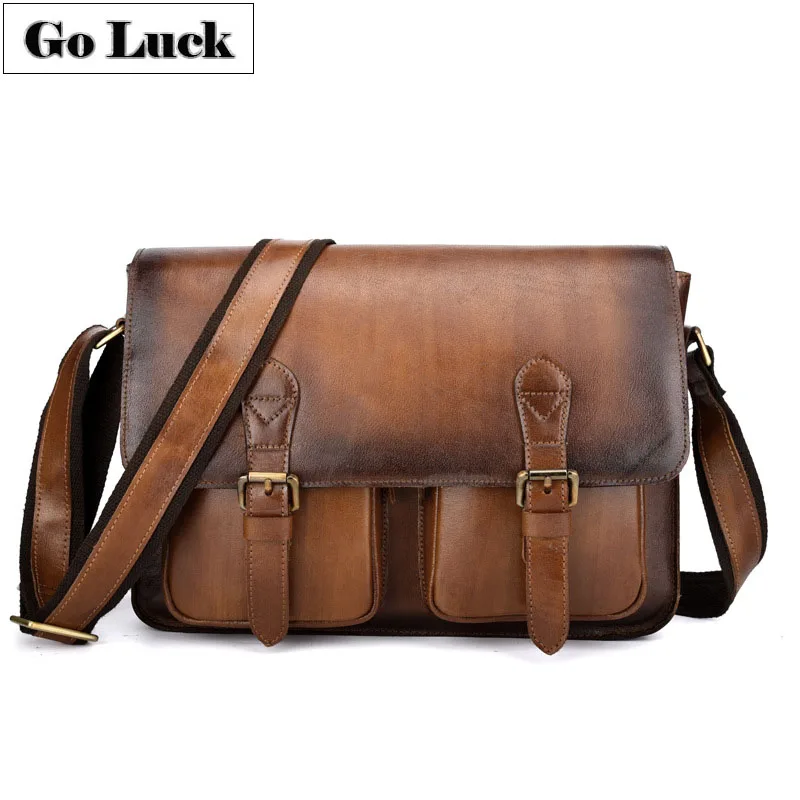 Бренд GO-LUCK, винтажный деловой портфель из натуральной кожи A4, мужская сумка через плечо, мужские сумки-мессенджеры из воловьей кожи