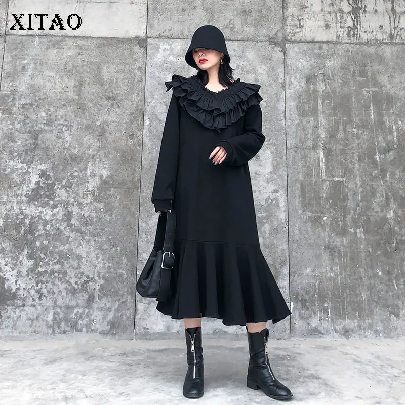 Черное платье с оборками XITAO женская мода новый пуловер длинным рукавом