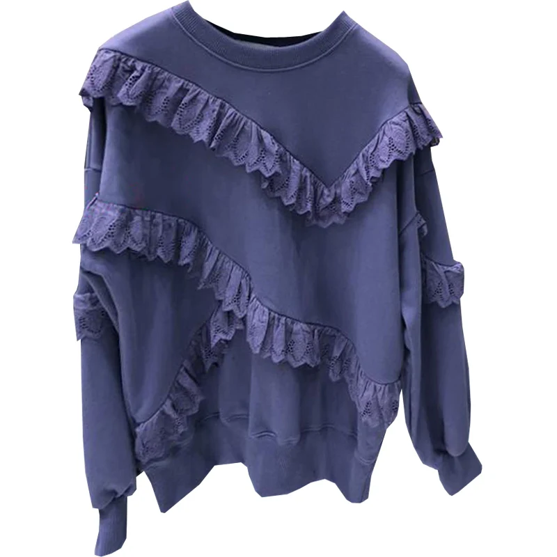 

Spring and Autumn new style lace stitching pullover long sleeve solid color hoodie blouse for women Han Fan