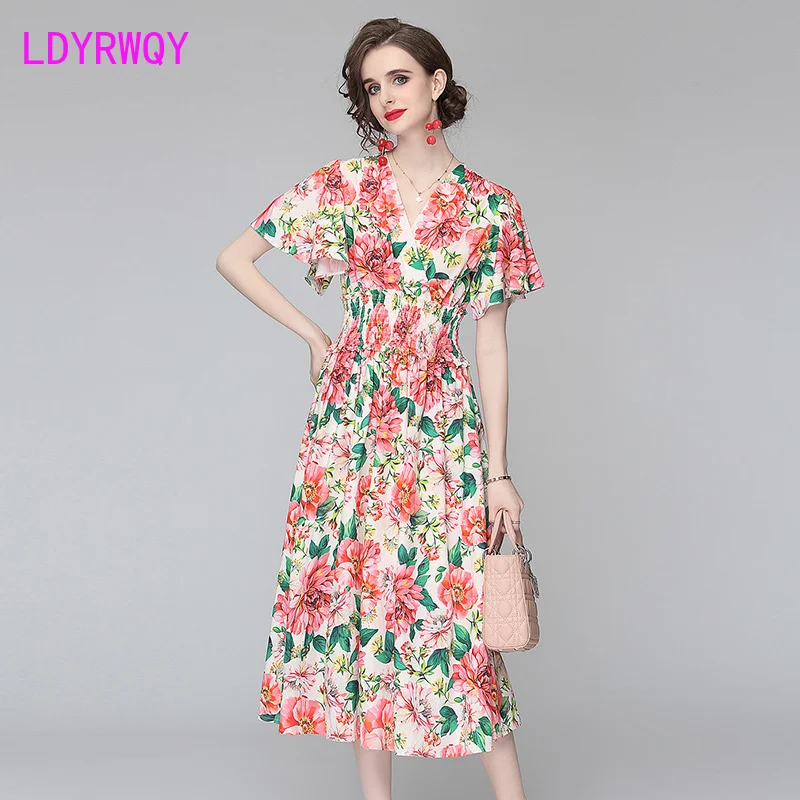 

LDYRWQY Стиль французский цветочный нерегулярные в виде листка лотоса с длинными рукавами Тонкий Мода темперамент леди с треугольным вырезом ...