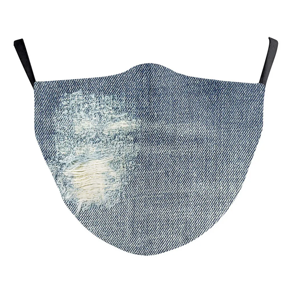 

1pc Denim Jeans Fabric Printed Women Men Fashion Face Mouth Mask Washable Windproof Anti Mouth-muffle Proof Mask Cap