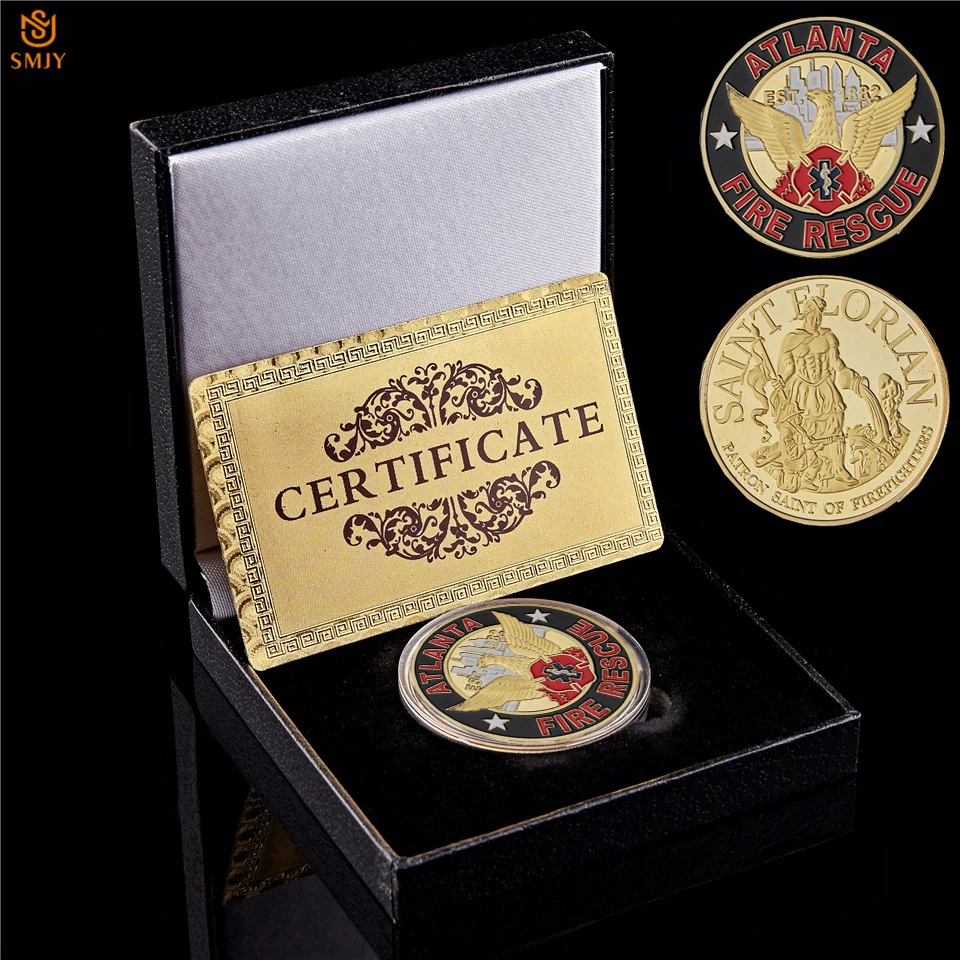 

USA Patron Saint Atlanta Fire Rescue Challenge Firefighters US City Heroes Gold Medal Collectible Token Coin W/Luxury Box