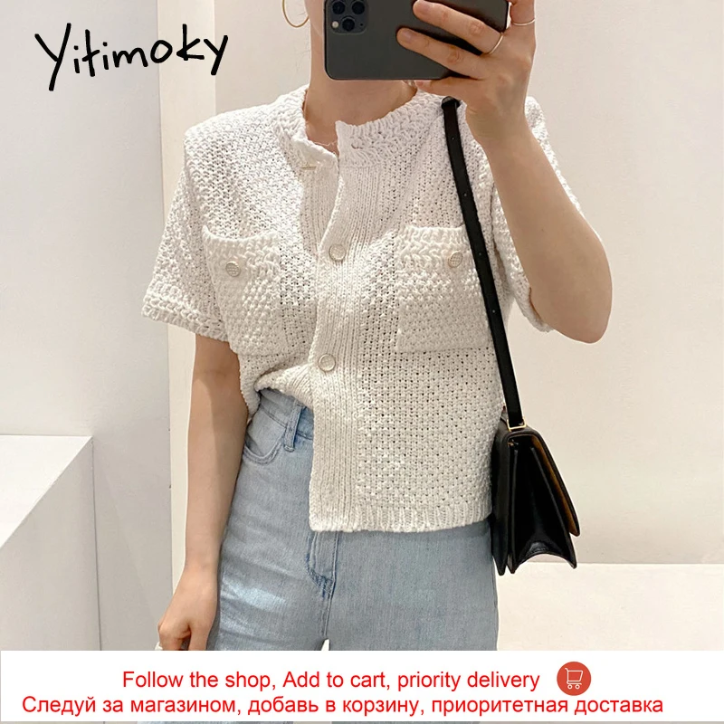 

Yitimoky Knitted Button Up Blouse Women Vintage Open Stitch White Casual Shirts Short Sleeve O-Neck Pockets 2021 Summer New Tops