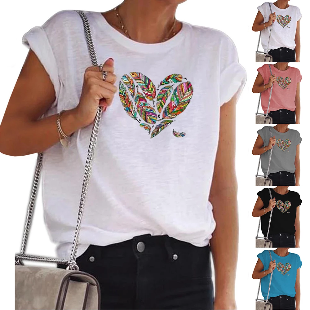 

Women Casual Loose 2021 New T-shirt Summer Short Sleeve O-Neck Tops Heart Print Tees Harajuku Female Clothing