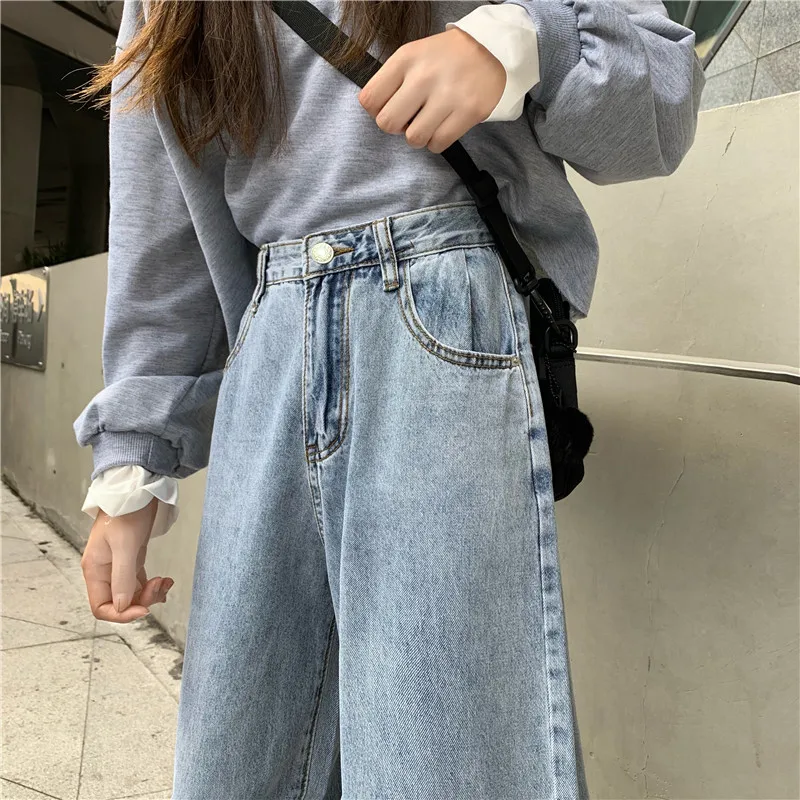 

Jeans Women Summer New Retro Streetwear All-match Solid Simple Fashionable Ulzzang Full Length Denim Wide Leg Trousers Womens