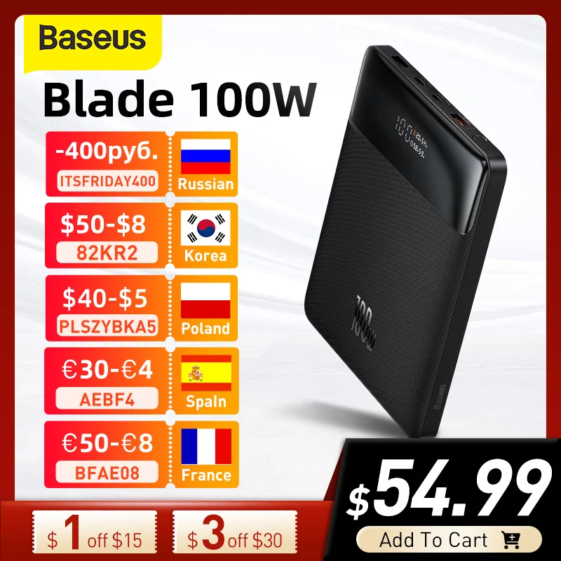  Внешний аккумулятор Baseus, 100 Вт, 20000 мАч, Type C, быстрая зарядка PD, портативное Внешнее зарядное устройство для ноутбука 