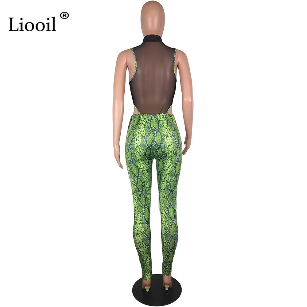 Liooil/комплект из 2 предметов; облегающий комплект для женщин; Клубная одежда; сетчатые прозрачные чарующие Боди и длинные штаны со змеиным принтом; вечерние комплекты