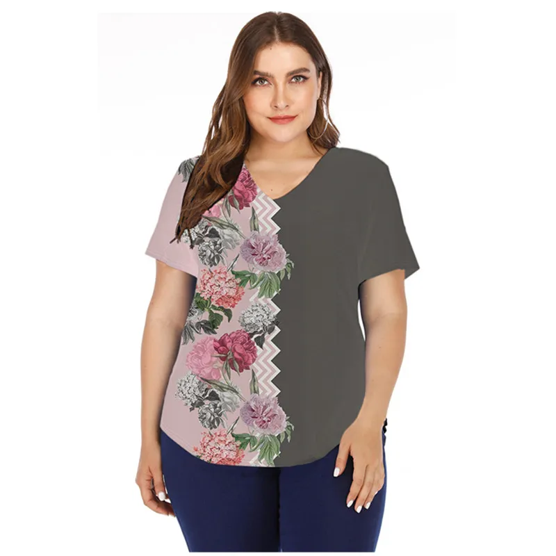 

Plus Size Women T shirt 2022 New Summer Casual Tee Shirts Floral Print Patchwork Loose Short Sleeve V-neck Female Tshirt Tops