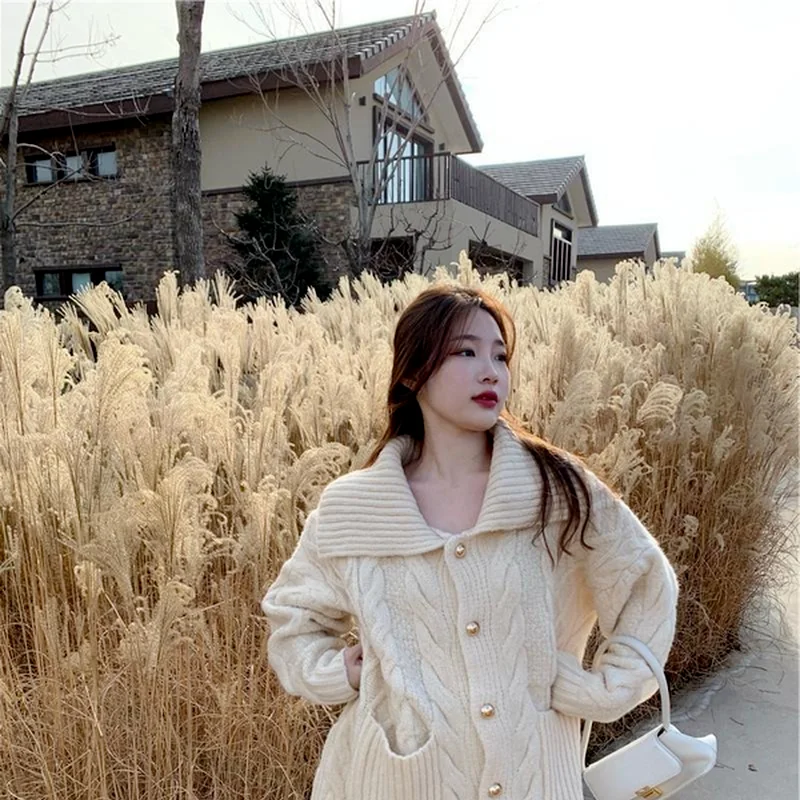 

Sweater women winter new style retro lapel loose outer wear mid-length warm twist knit top