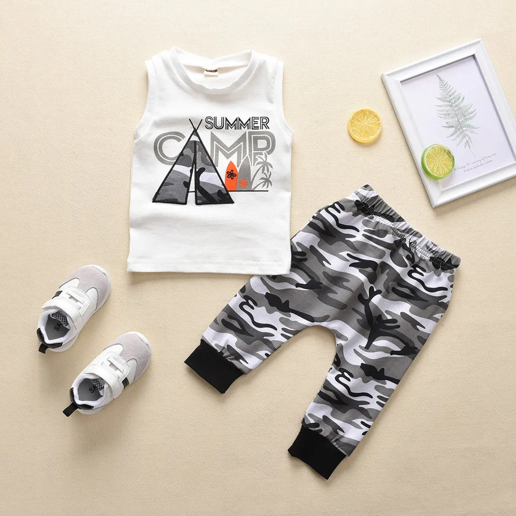 Летний костюм для мальчика топ без рукавов в тропическом стиле с надписью +