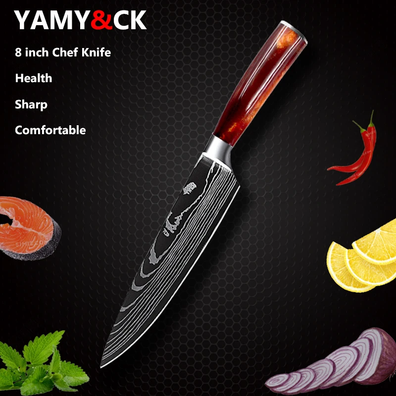 Японские кухонные ножи YAMY &amp CK 8 дюймов поварской резец с лазерным узором Дамаска